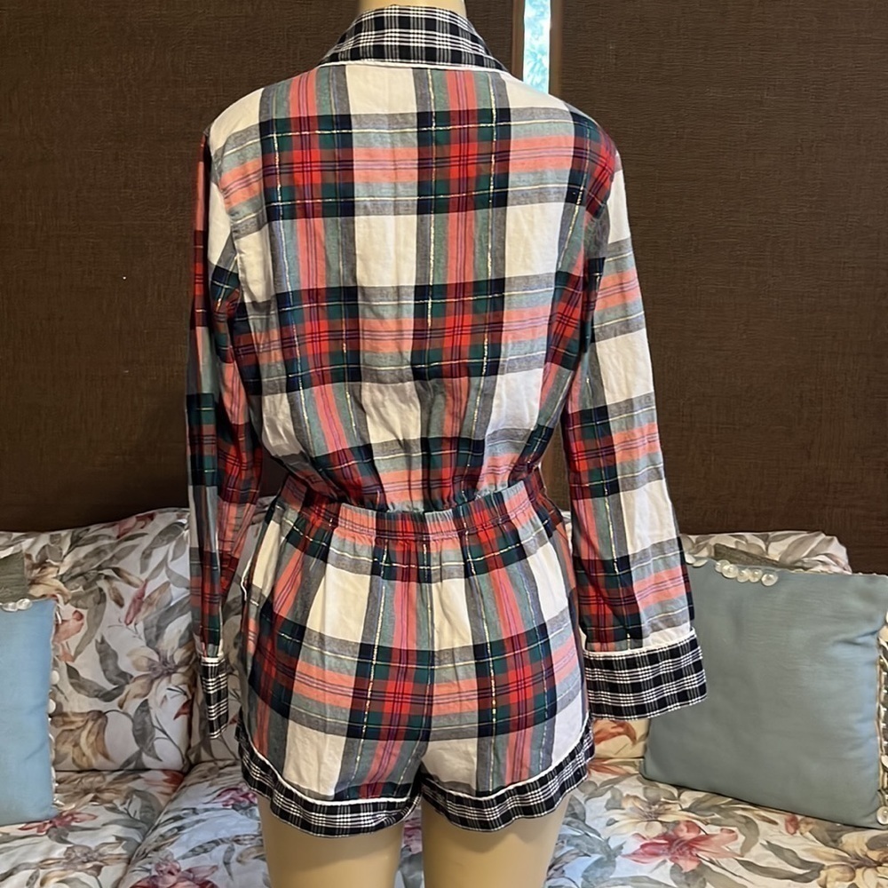 Victoria Secret Flannel Sleep Romper Plaid Red Green Shimmer CRYSTAL Love S - Picture 6 of 9